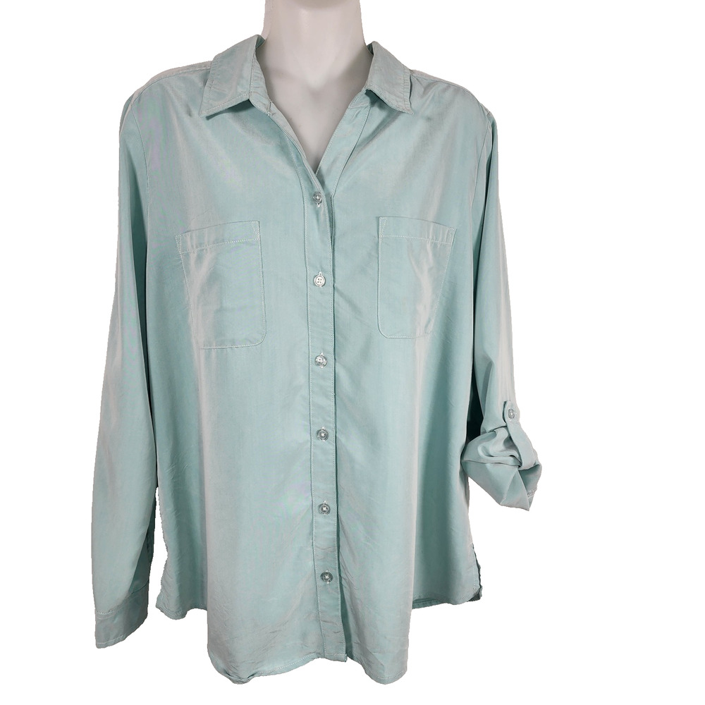 Chico’s Women Shirt Size 2 US Large Button Up Long Sleeve Roll Tab Pockets Green
